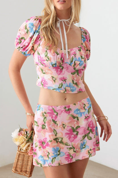 LGC Floral Puff Sleeve Crop Top and Mini Skirt Set