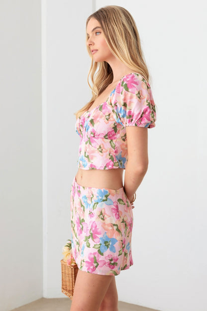 LGC Floral Puff Sleeve Crop Top and Mini Skirt Set