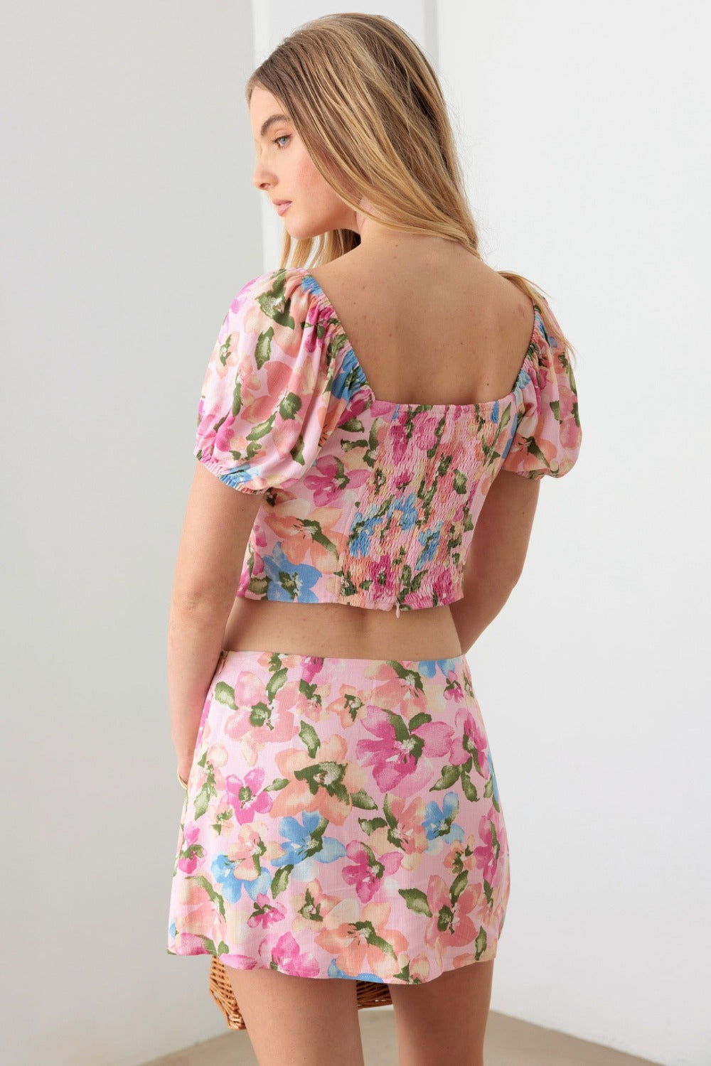 LGC Floral Puff Sleeve Crop Top and Mini Skirt Set