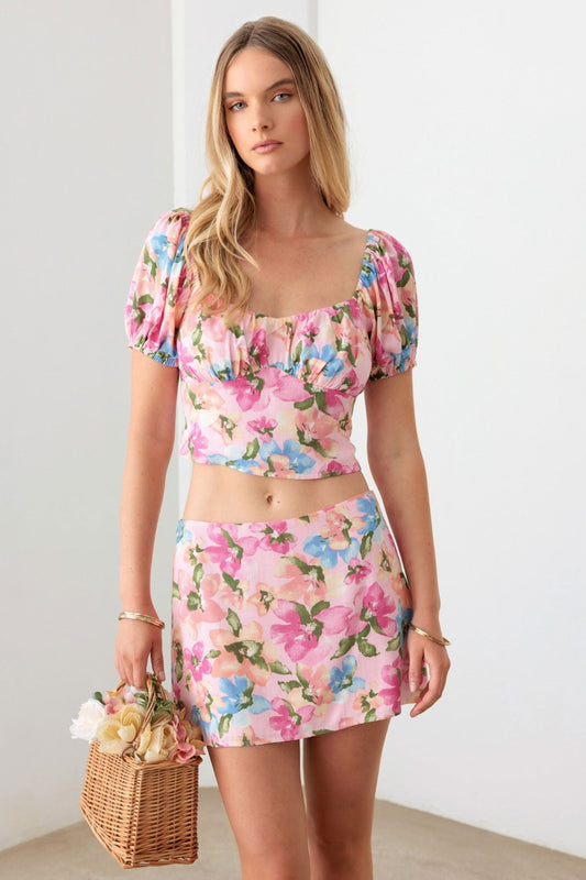 LGC Floral Puff Sleeve Crop Top and Mini Skirt Set