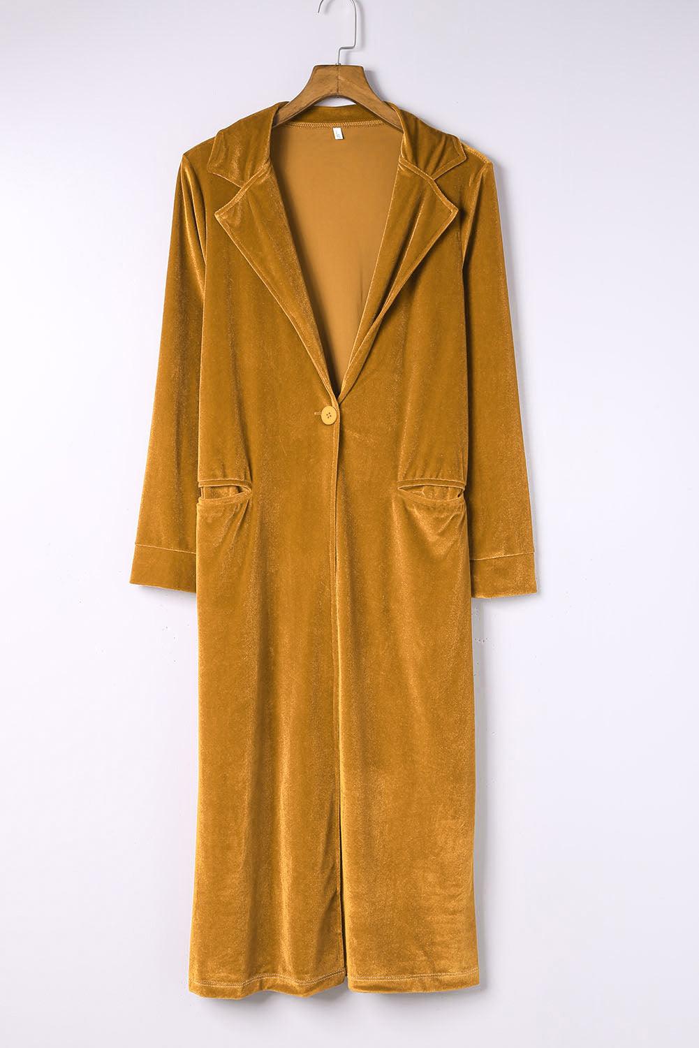 LGC Collared Neck Longline Velvet Cardigan with Pockets - Le Grand Chevalier Le Grand Chevalier Honey / M Trendsi Cardigans