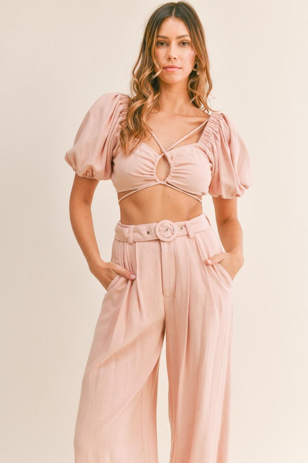 LGC Cut Out Drawstring Crop Top and Belted Pants Set - Le Grand Chevalier