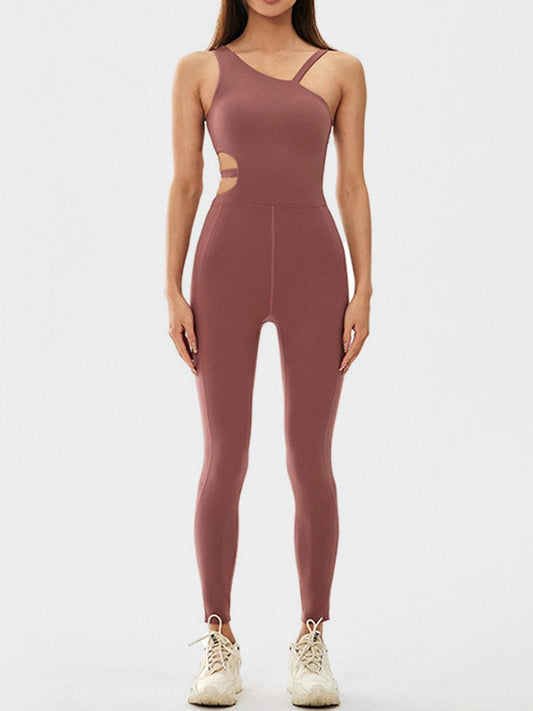 LGC Cutout Asymmetrical Neck Active Jumpsuit - Le Grand Chevalier Le Grand Chevalier Chestnut / S Trendsi Activewear