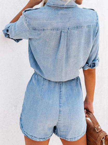 LGC Drawstring Half Button Half Sleeve Denim Romper - Le Grand Chevalier