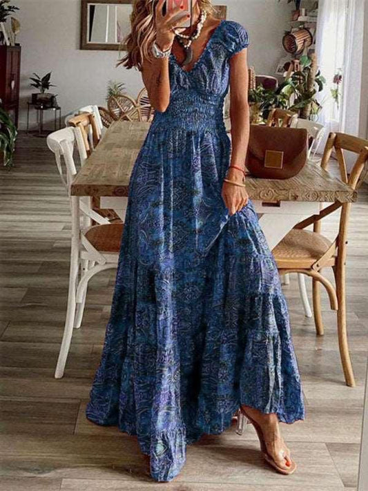 LGC Floral Puff Sleeve V-Neck Maxi Dress - Le Grand Chevalier Le Grand Chevalier Blue / S kakaclo Dresses