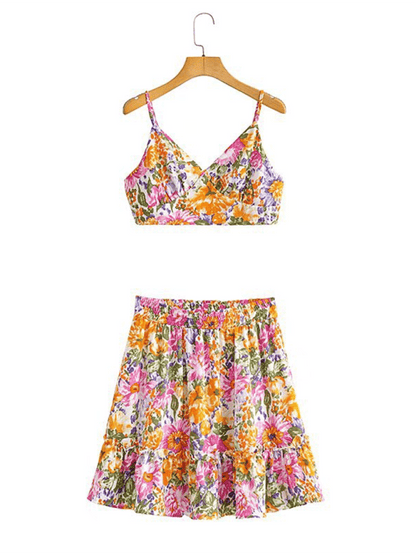 LGC Floral Suspenders And Elastic High Waist Skirt Printed Ruffle - Le Grand Chevalier