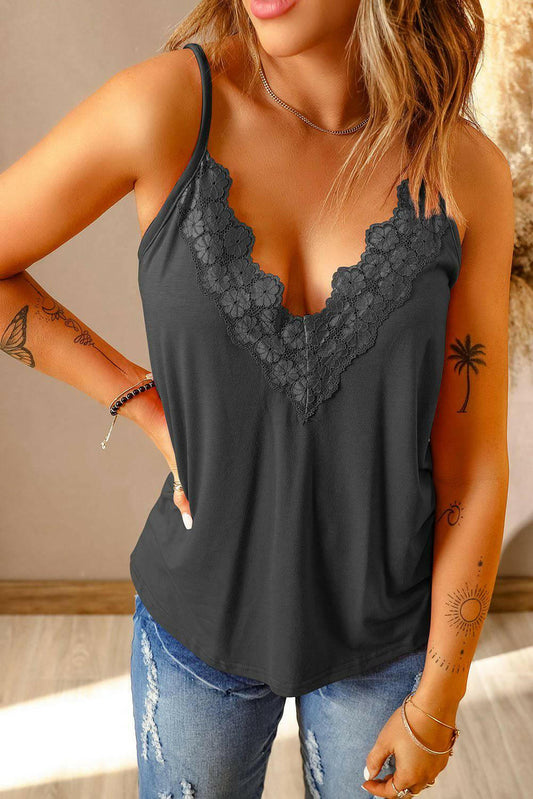 LGC Full Size Lace Trim V-Neck Cami Top - Le Grand Chevalier Le Grand Chevalier Charcoal / S Trendsi Women Tank Top