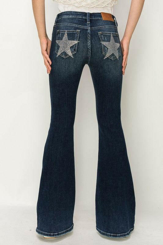 LGC Mid Rise Flare Star Rhinestone Jeans - Le Grand Chevalier Le Grand Chevalier DARK STONE WASH / 3 Artemis Vintage Denim