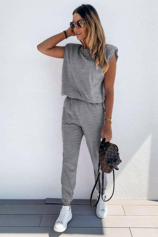 LGC Padded Shoulder Top and Joggers Lounge Set - Le Grand Chevalier Le Grand Chevalier Mid Gray / S Trendsi Loungewear