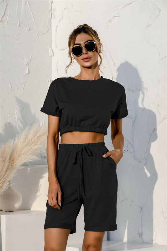 LGC Short Sleeve Cropped Top and Drawstring Shorts Lounge Set - Le Grand Chevalier Le Grand Chevalier Black / S Trendsi Loungewear