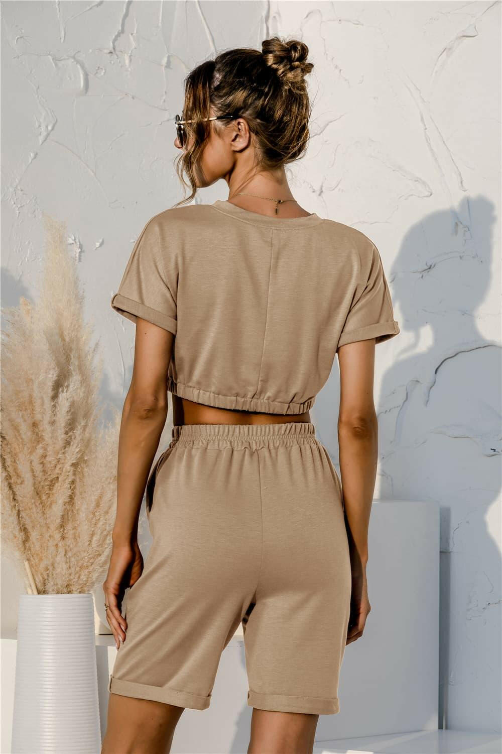 LGC Short Sleeve Cropped Top and Drawstring Shorts Lounge Set - Le Grand Chevalier Le Grand Chevalier Trendsi Loungewear