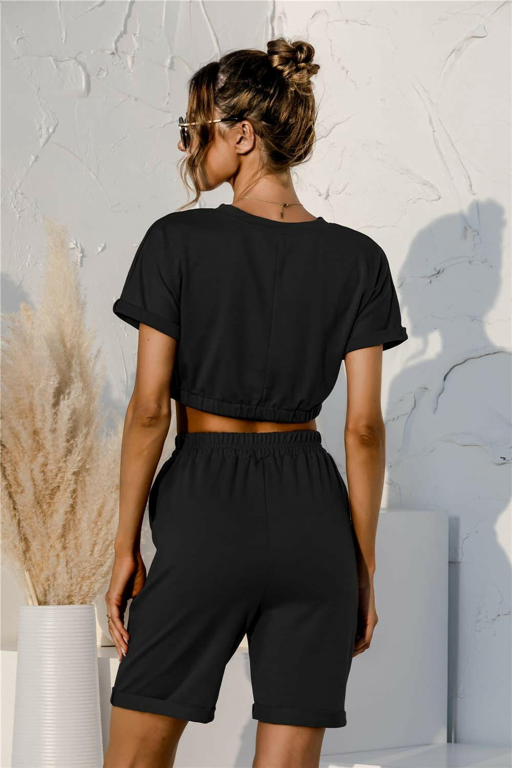 LGC Short Sleeve Cropped Top and Drawstring Shorts Lounge Set - Le Grand Chevalier Le Grand Chevalier Trendsi Loungewear