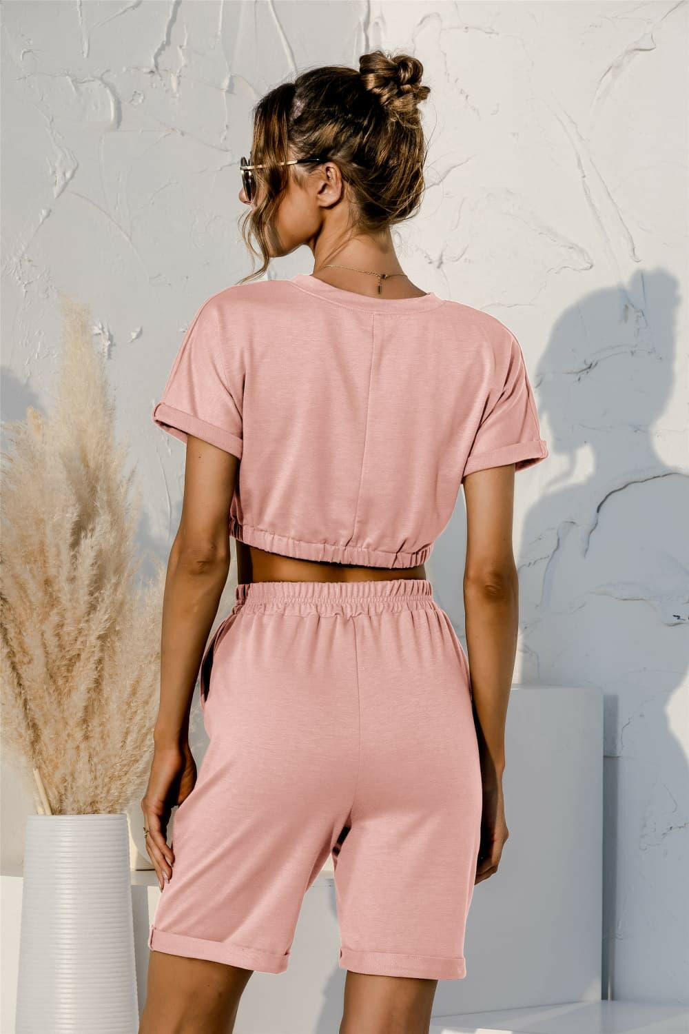 LGC Short Sleeve Cropped Top and Drawstring Shorts Lounge Set - Le Grand Chevalier Le Grand Chevalier Trendsi Loungewear