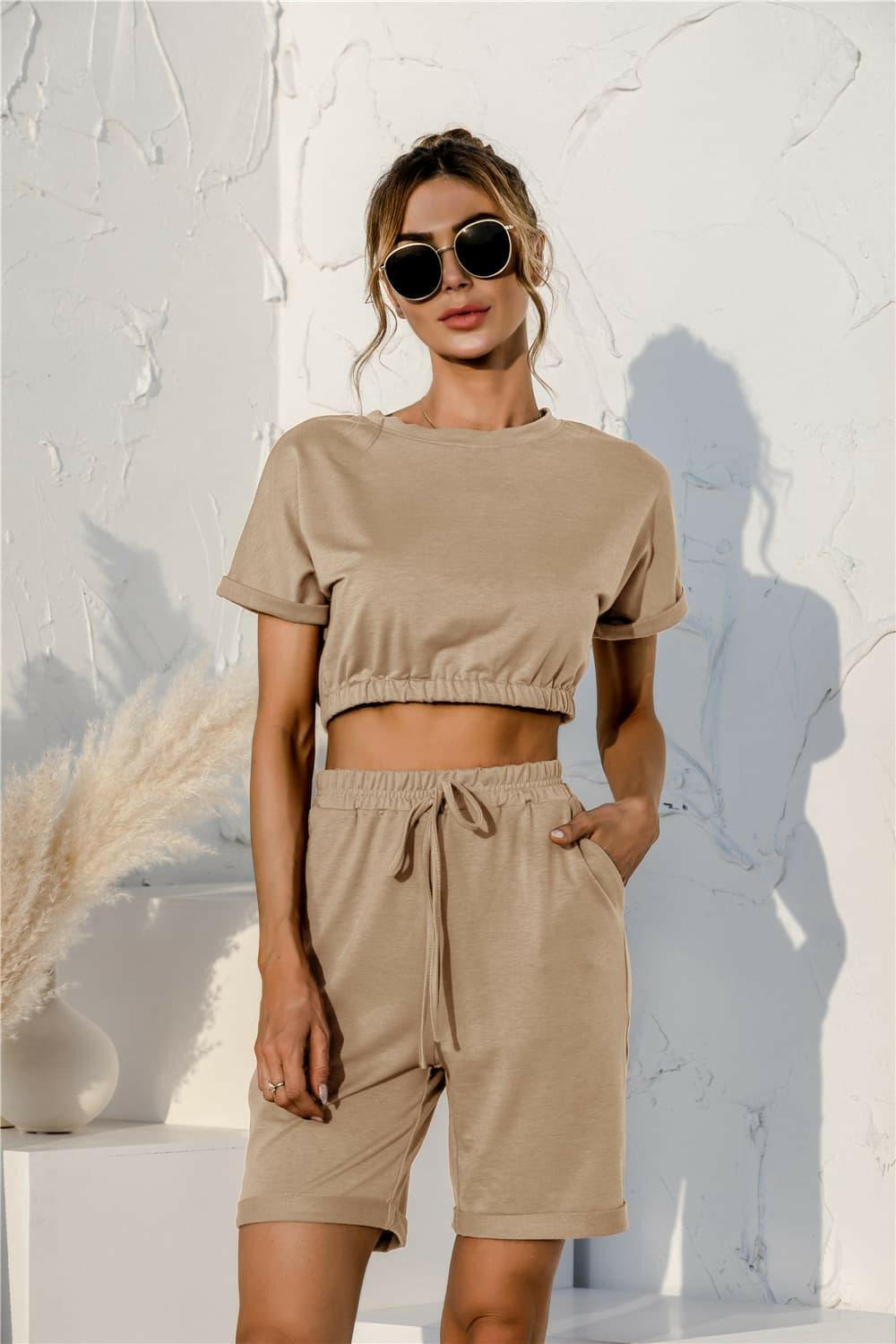 LGC Short Sleeve Cropped Top and Drawstring Shorts Lounge Set - Le Grand Chevalier Le Grand Chevalier Tan / S Trendsi Loungewear