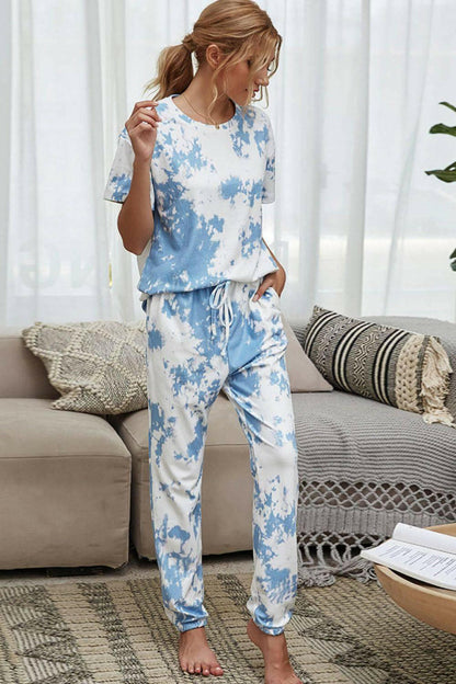 LGC Tie-Dye Tee and Drawstring Waist Joggers Lounge Set - Le Grand Chevalier Le Grand Chevalier Pastel Blue / S Trendsi Loungewear