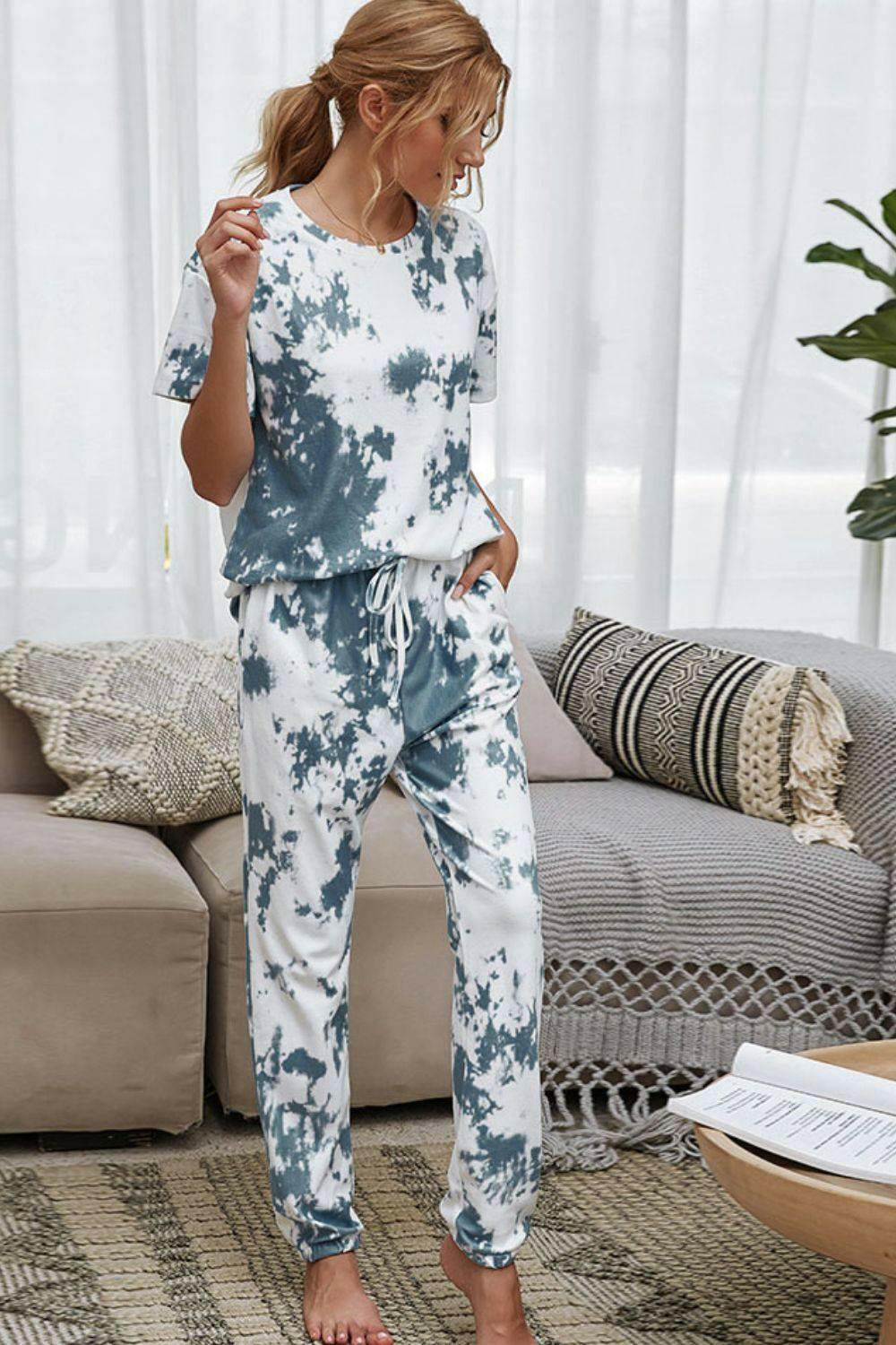 LGC Tie-Dye Tee and Drawstring Waist Joggers Lounge Set - Le Grand Chevalier Le Grand Chevalier Cloudy Blue / S Trendsi Loungewear