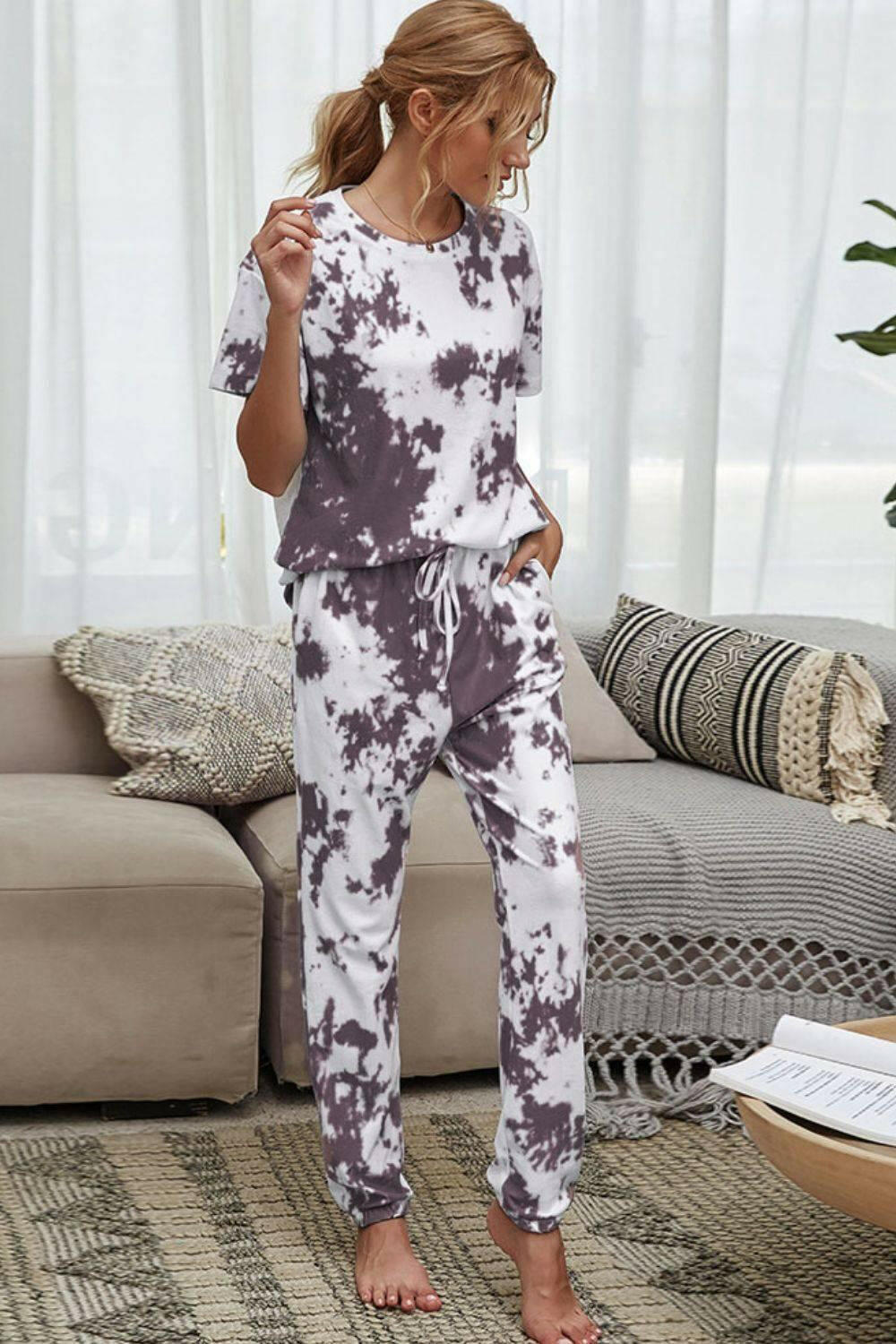 LGC Tie-Dye Tee and Drawstring Waist Joggers Lounge Set - Le Grand Chevalier Le Grand Chevalier Taupe / S Trendsi Loungewear