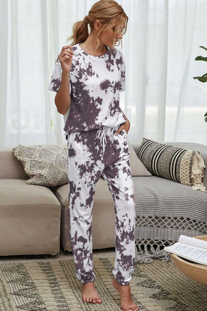 LGC Tie-Dye Tee and Drawstring Waist Joggers Lounge Set - Le Grand Chevalier Le Grand Chevalier Taupe / S Trendsi Loungewear