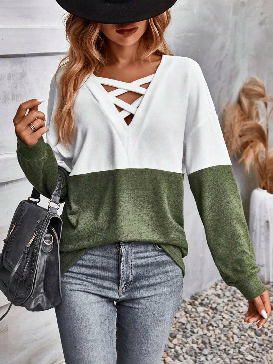 LGC Two-Tone Crisscross Detail Sweatshirt - Le Grand Chevalier Le Grand Chevalier Trendsi Women sweaters