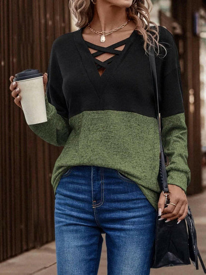 LGC Two-Tone Crisscross Detail Sweatshirt - Le Grand Chevalier Le Grand Chevalier Matcha Green / S Trendsi Women sweaters