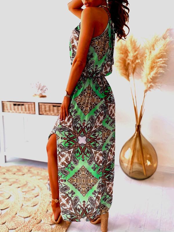 LGC Bohemian Print Halter Neck Waist Slit Dress - Le Grand Chevalier Le Grand Chevalier kakaclo Dresses