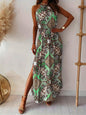 LGC Bohemian Print Halter Neck Waist Slit Dress - Le Grand Chevalier Le Grand Chevalier Green / XS kakaclo Dresses