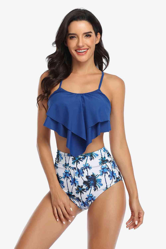 LGC Botanical Print Ruffled Two-Piece Swimsuit - Le Grand Chevalier Le Grand Chevalier Navy / S Trendsi Swimwear