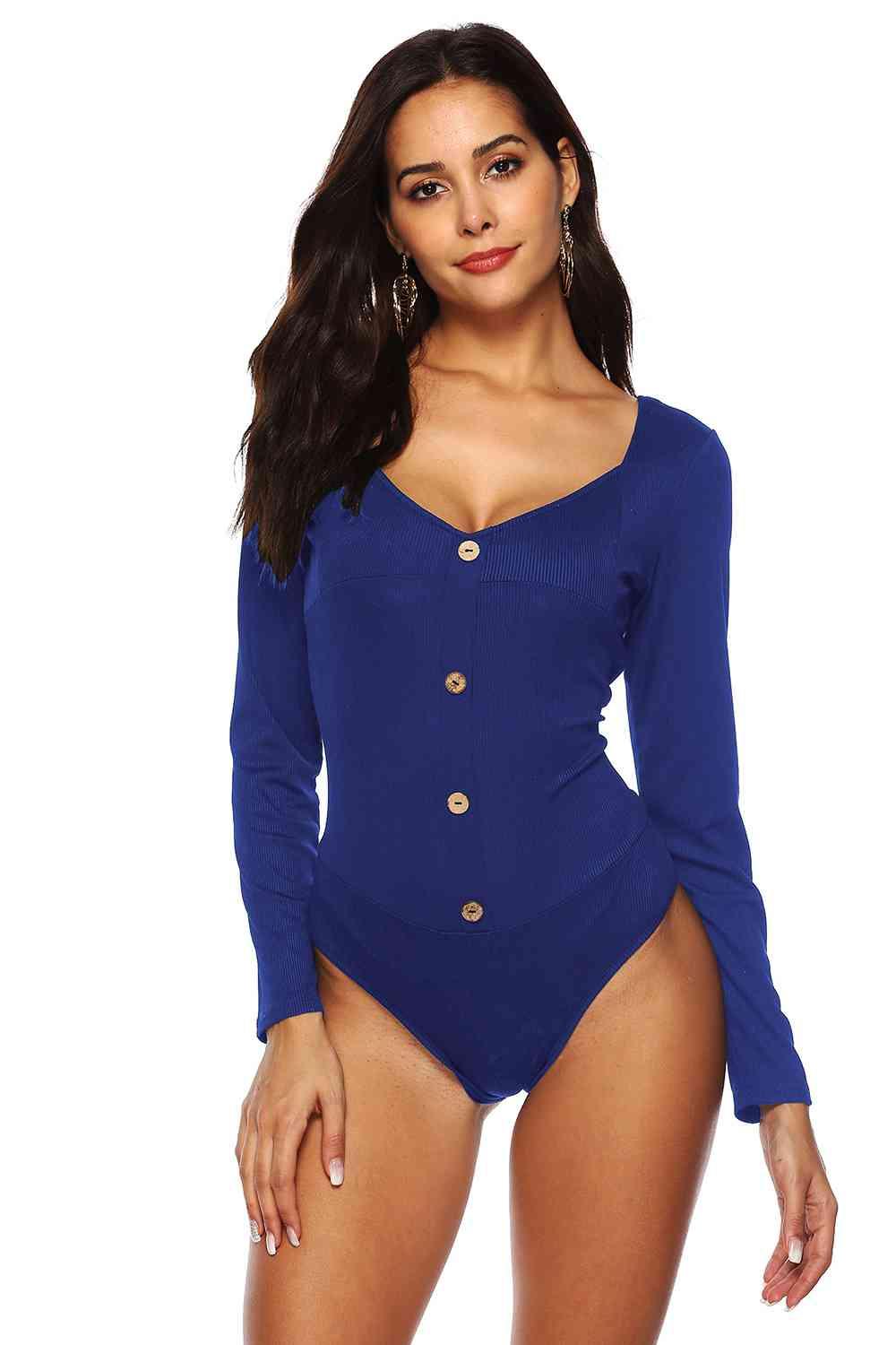 LGC Button Detail Bodysuit - Le Grand Chevalier Le Grand Chevalier Cobalt Blue / S Trendsi Bodysuit