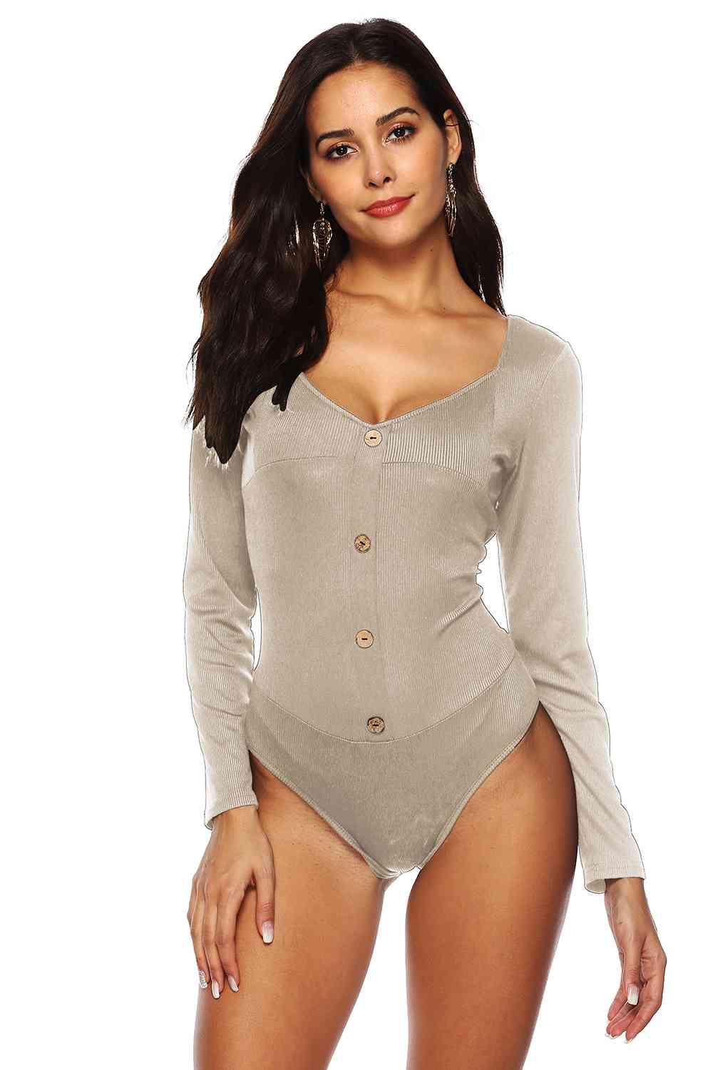 LGC Button Detail Bodysuit - Le Grand Chevalier Le Grand Chevalier Beige / S Trendsi Bodysuit