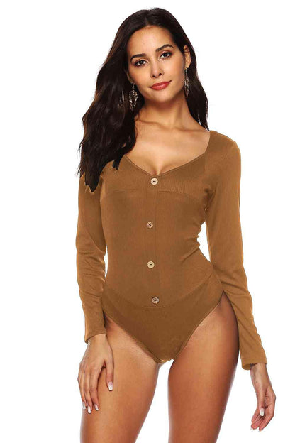 LGC Button Detail Bodysuit - Le Grand Chevalier Le Grand Chevalier Caramel / S Trendsi Bodysuit