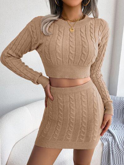 LGC Cable-Knit Round Neck Top and Skirt Sweater Set - Le Grand Chevalier Le Grand Chevalier Trendsi Women Set