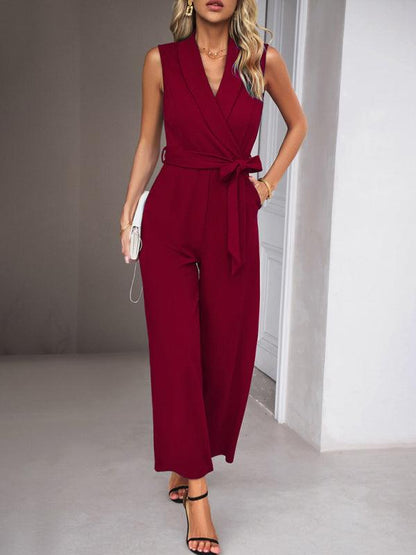 LGC Elegant V-Neck Tie Commuter Sleeveless Jumpsuit - Le Grand Chevalier Le Grand Chevalier kakaclo Jumpsuit