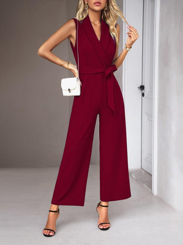 LGC Elegant V-Neck Tie Commuter Sleeveless Jumpsuit - Le Grand Chevalier Le Grand Chevalier Wine Red / S kakaclo Jumpsuit