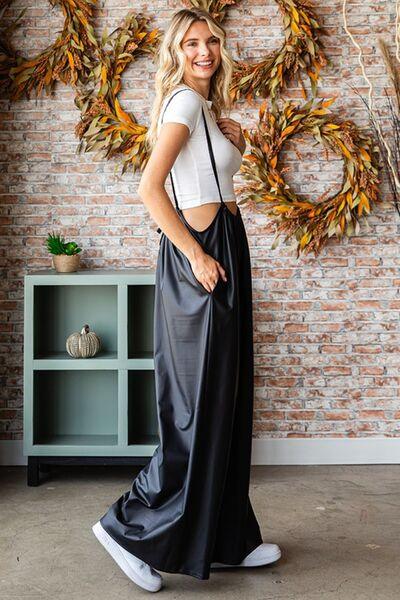 LGC First Love Drawstring Back Spaghetti Strap Wide Leg Overall - Le Grand Chevalier Le Grand Chevalier Trendsi Overall