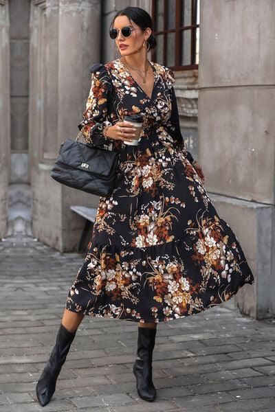 LGC Floral Surplice Tie Front Ruffle Hem Midi Dress - Le Grand Chevalier Le Grand Chevalier Black / S Trendsi Dresses