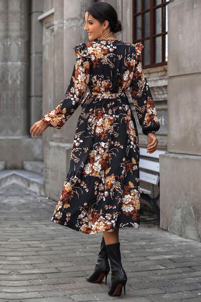 LGC Floral Surplice Tie Front Ruffle Hem Midi Dress - Le Grand Chevalier Le Grand Chevalier Trendsi Dresses