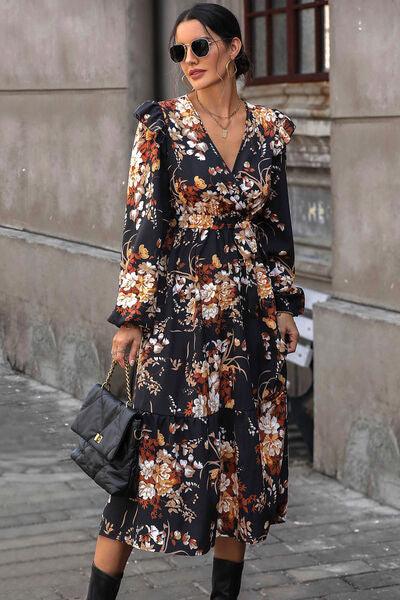 LGC Floral Surplice Tie Front Ruffle Hem Midi Dress - Le Grand Chevalier Le Grand Chevalier Trendsi Dresses