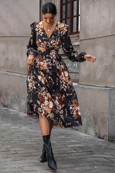 LGC Floral Surplice Tie Front Ruffle Hem Midi Dress - Le Grand Chevalier Le Grand Chevalier Trendsi Dresses