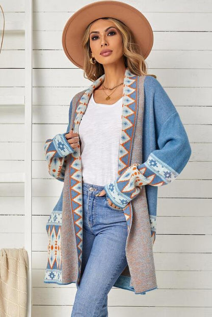 LGC Geometric Open Front Long Sleeve Cardigan - Le Grand Chevalier Le Grand Chevalier Misty Blue / S Trendsi Cardigans