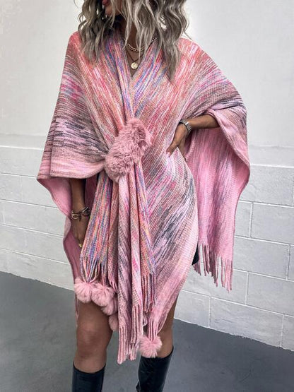 LGC Heathered Fringe Hem Poncho - Le Grand Chevalier Le Grand Chevalier Carnation Pink / One Size Trendsi Women sweaters