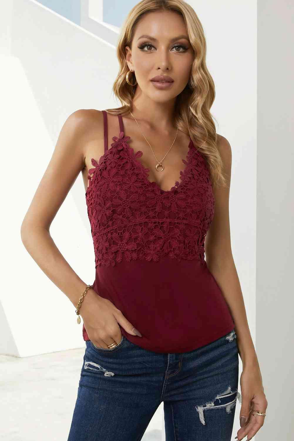 LGC Lace Double Spaghetti Strap Cami Top - Le Grand Chevalier Le Grand Chevalier Wine / S Trendsi Women Tank Top