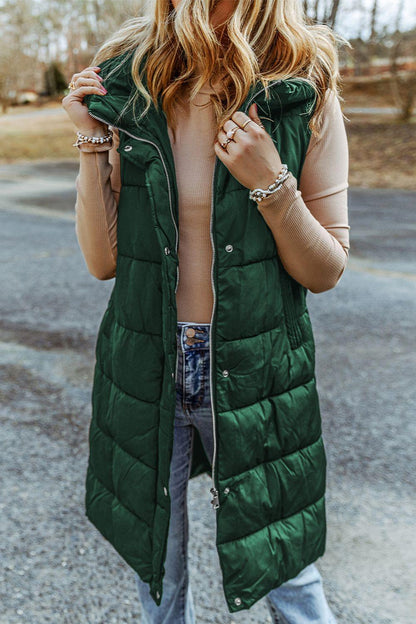 LGC Longline Hooded Sleeveless Puffer Vest - Le Grand Chevalier Le Grand Chevalier Green / S Trendsi Women Jackets