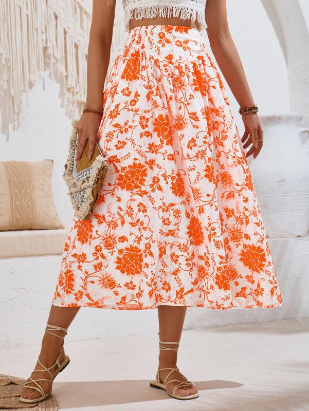 LGC New Casual Holiday Printed Casual Waist Skirt - Le Grand Chevalier Le Grand Chevalier Orange / S kakaclo Skirt