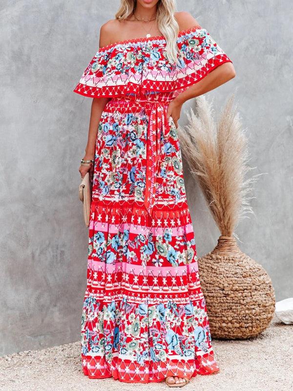 LGC New One-Shoulder Printed Long Swing Dress - Le Grand Chevalier Le Grand Chevalier Red / S kakaclo Dresses