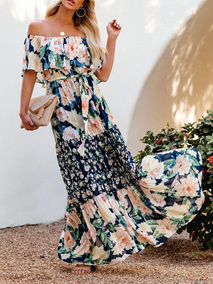 LGC New One-Shoulder Printed Long Swing Dress - Le Grand Chevalier Le Grand Chevalier kakaclo Dresses