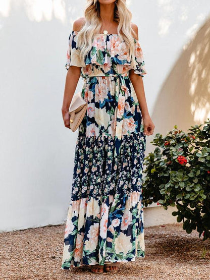 LGC New One-Shoulder Printed Long Swing Dress - Le Grand Chevalier Le Grand Chevalier Dark Blue / S kakaclo Dresses