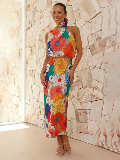 LGC New Style Fashion Printed Halter Neck Sleeveless Waist Dress - Le Grand Chevalier Le Grand Chevalier kakaclo Dresses