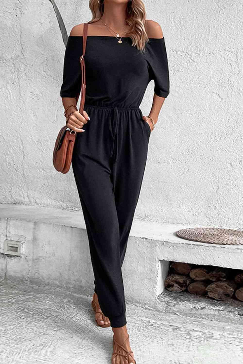 LGC Off-Shoulder Jumpsuit with Pockets - Le Grand Chevalier Le Grand Chevalier Black / S Trendsi Rompers