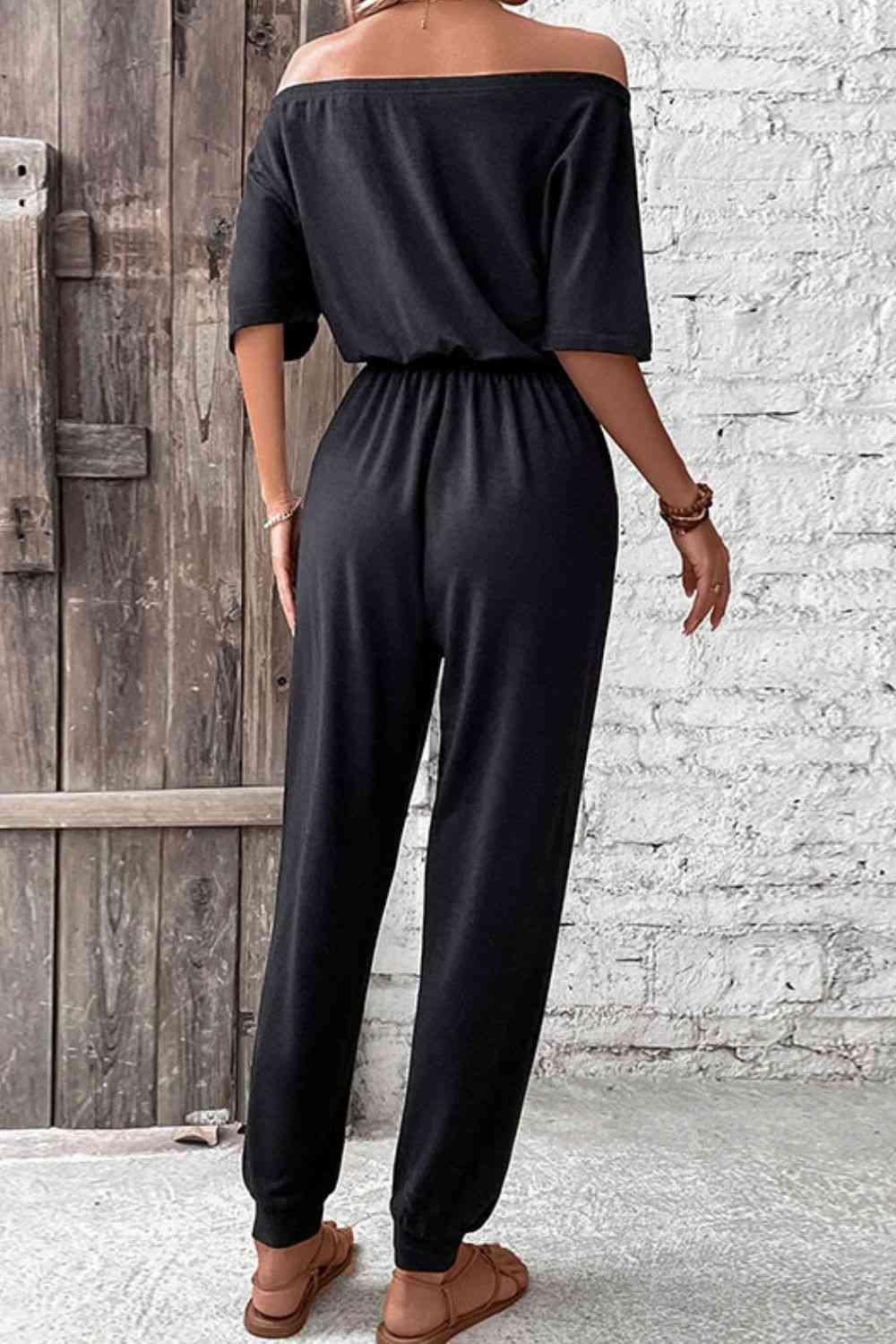 LGC Off-Shoulder Jumpsuit with Pockets - Le Grand Chevalier Le Grand Chevalier Trendsi Rompers