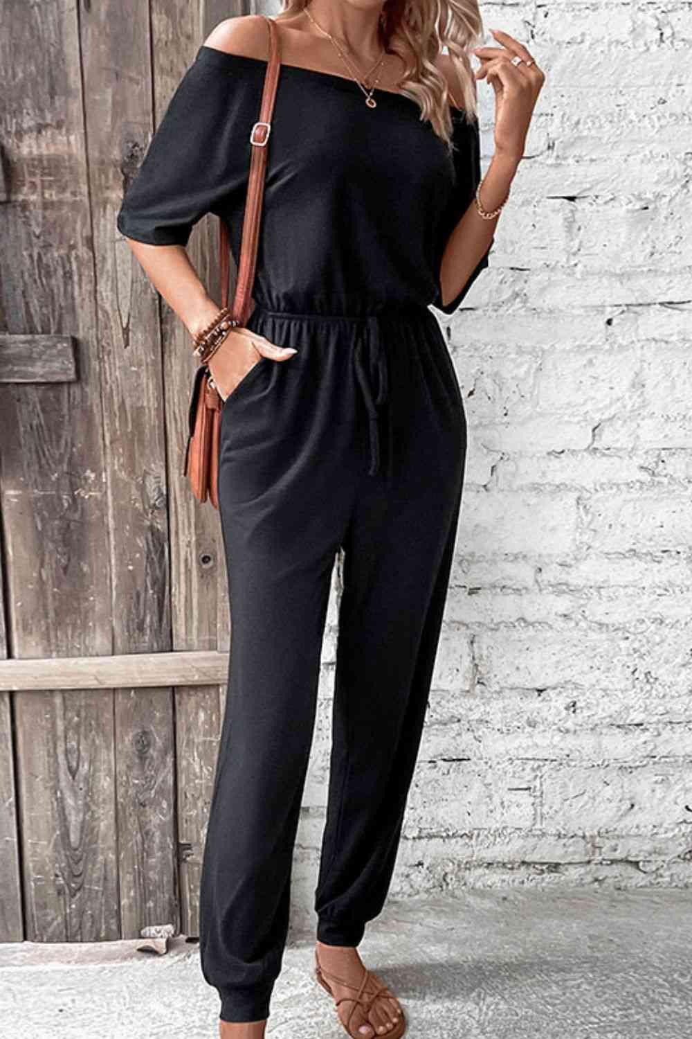 LGC Off-Shoulder Jumpsuit with Pockets - Le Grand Chevalier Le Grand Chevalier Trendsi Rompers